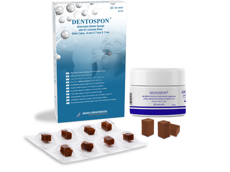 DENTOSPON: Absorbable haemostatic/hemostatic gelatin sponge with colloidal silve von Aegis Lifesciences Pvt Ltd